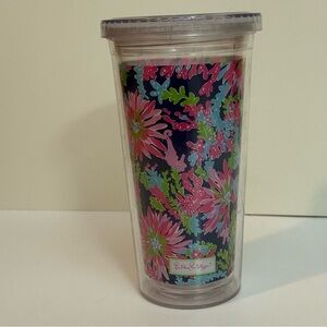 Lilly Pulitzer Tumbler Cup 20 oz Dark Blue Base Green Pink Floral BPA Free